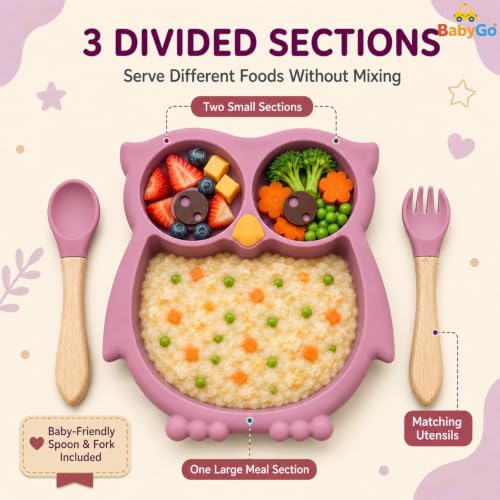 Image of BabyGo Silicone Suction Plate for Babies & Toddlers | 3-Section Owl-Shaped Feeding Set | Strong Suction Cups | BPA-Free, Microwave Safe | Self-Feeding| 1 Plate & 2 Spoons | Pink