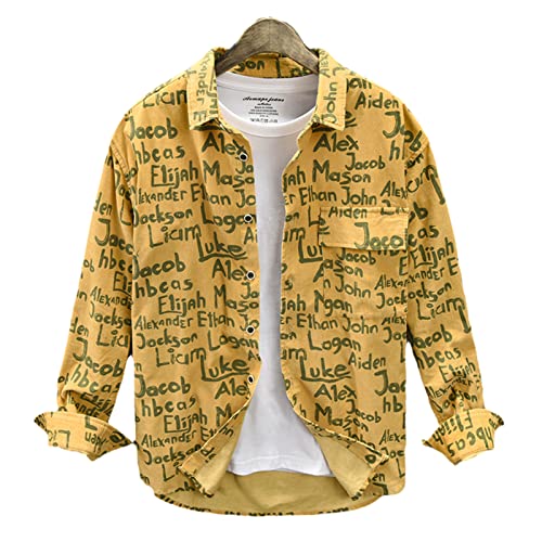 Frühlingscordhemd Hemd Männer reines Baumwollhemd drehen Kragen Langarm Vintage Buchstabe Bedruckte Knopf Hemden Yellow L Cover
