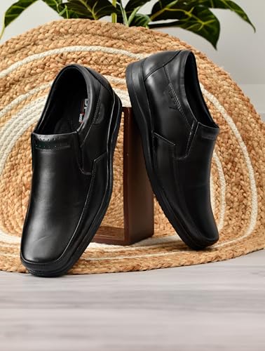 Image of Genuine Leather Formal Slip-On Shoes for Men, Black, Elastic Closure, Stylish Office Shoes