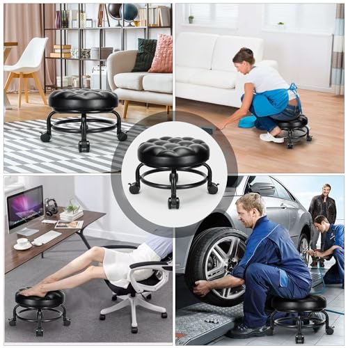 LWADALN Banqueta com rodinhas de baixa altura, cadeira confortável de couro PU com rotação de 360°,