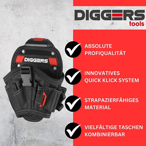 Diggers Tools - Akkuschrauber Holster Werkzeugtasche - [ Größe M ] Flexibel Kombinierbare Werkzeugtasche Gürtel - Hochwertige Gürteltasche Werkzeug für Elektriker, Dachdecker & Zimmerer