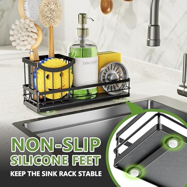 Cisily Sink Caddy Organizer with Drying Stone, Instant Dry Sponge Holder, Sink Brush Holder for Countertop, Kitchen Storage Organizer and Accessories, Black