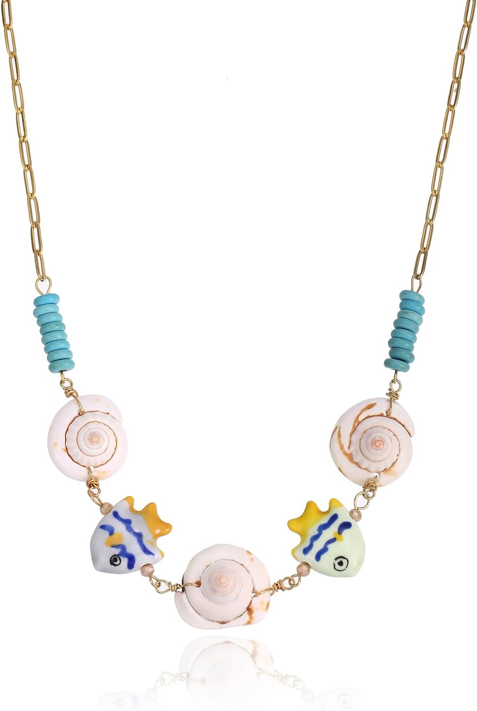 Delicate Seashell Charms Stainless Steel Necklace for Women, Gold Chain with Tropical Fish, Starfish, Conch Cute Summber Beach Jewelry