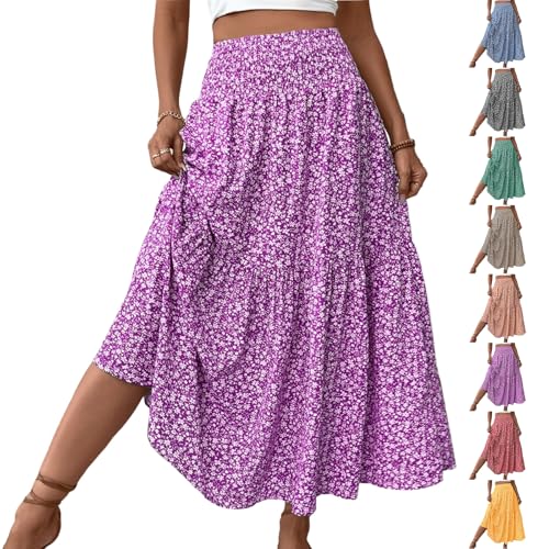 Floral Maxi Skirts for Women Trendy Summer Casual Boho Long Flowy Skirt Smocked Elastic High Waisted A Line Skirt