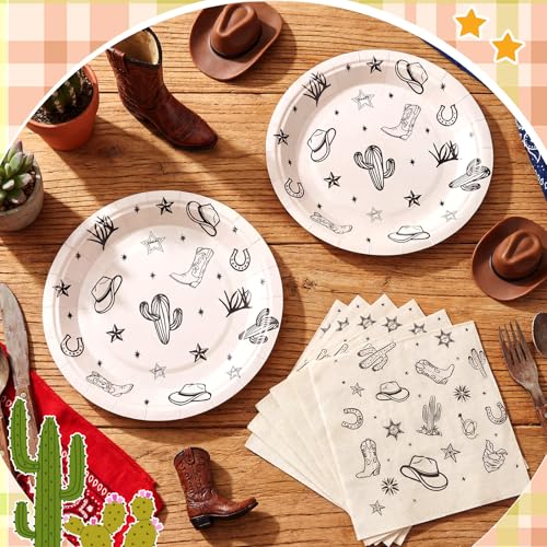 Image of Qinyoung 100 Pcs Western Cowboy Paper Plates and Napkins, Decorations | Disposable Paper Tableware Set for Cowboy Rodeo Theme Party, Western Birthday Decorations, Outdoor Wedding