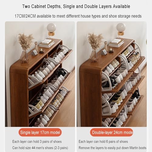 Tall Rattan Sideboard Narrow Large Black Rack Shoes Cover Drawer Layer Handmade Natural Flip,Slim Wood Shoe Storage Cabinet with Flip Drawers and Adjustable Dividers Freestanding Shoe Rack f