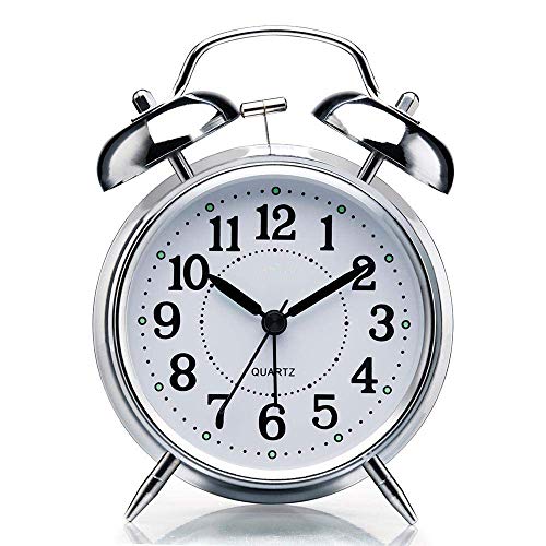 Image of Vintage Twin Bell Table Top Alarm Clock with Night LED Light Analog Display Extra Loud Alarm Sound Steel Clock for Wake-up Time Morning Walk Home Decor(Silver -White, 11cm)