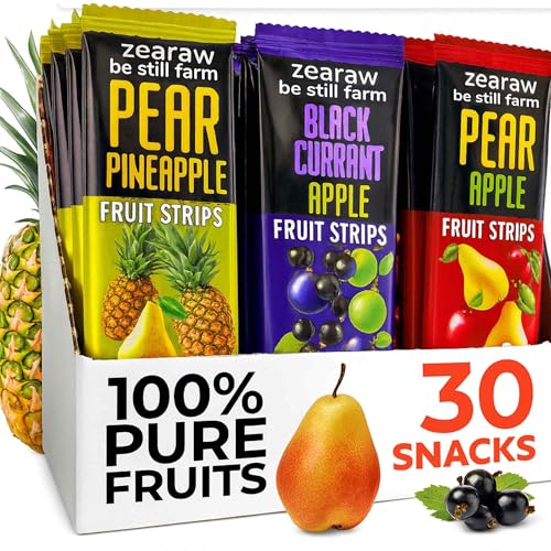 Image of ZEARAW Healthy Fruit Snacks for Adults and Kids - 30 Fruit Leather with Dried Pear-Pineapple, Blackcurrant-Apple, Pear-Apple - Vegan Low-Carb Variety Pack Strips for Kids - Sugar Free Bars