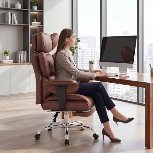 Image of DUMOS Big and Tall Home Office Desk Chair, Ergonomic Executive Chair with Footrest, Computer Gaming Chairs with High Back Reclining, Adjustable Armrests and Comfy Lumbar Support, PU Leather, Brown