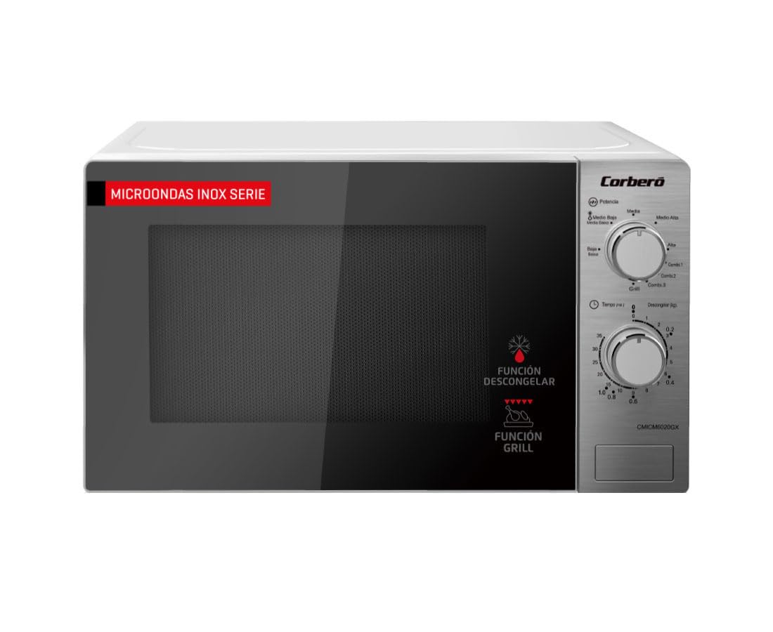 Corberó - Microondas Libre Instalación | CMICM6020GX | 700W Potencia | Grill Gratinar y Asar | Descongelar Rápido | 9 Niveles Potencia | Temporizador 35 Min | Plato Giratorio 255mm | Inox