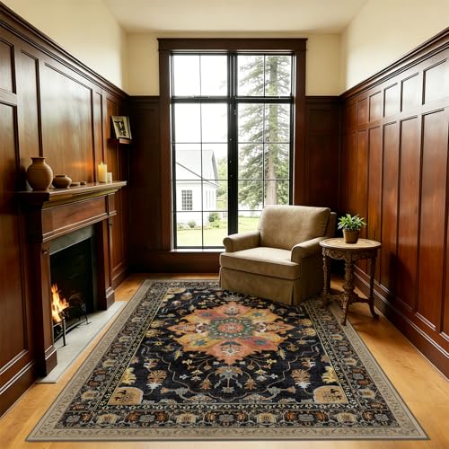 Image of 5x7 Area Rugs for Living Room - Machine Washable 100+ Washes Resistant Non-Slip 1-Second Instant Grip Vintage Boho Home Decor Compatibility Soft Thin Indoor Floor Carpet for Bedroom Dining Room