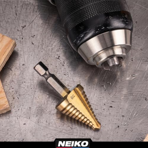 Image of NEIKO 10620A Step Drill Bit, 1 Step 7 /8 inch Straight High Speed Steel, Titanium Nitride Coated, 1 /4 inch Quick Change Step Bits for Steel, Metal, Wood, Plastic, Unibit Cone Drill Bits, Two Flute