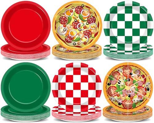 60PCS Pizza Theme Birthday Party Plates Red Green White Pizzas Checkered Disposable Paper Dessert Plates for Italian Pizza Birthday Decorations Party Tableware Set for Kids BBQ Picnic Supplies