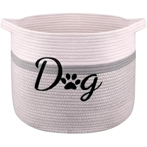 PET ARTIST Dog Toy Basket, Cotton Rope Round Woven Storage Basket with Durable Handles, Decorative Dog Toy Bin Box Large Perfect for Organizing Pet Toys Blankets Clothes Accessories, Gray Cover