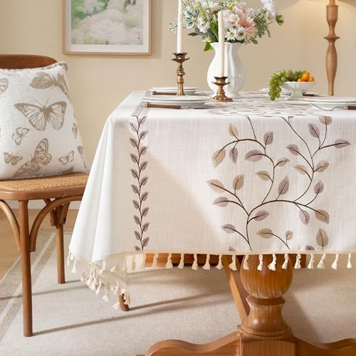 Laolitou Nappe rectangulaire brodée en coton et lin - Rustique - Imperméable et infroissable - Avec pompons - Vigne café - 140 x 279 cm