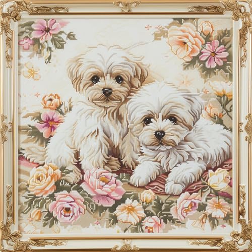 Generic Cute Little White Maltese Dogs DIY 11CT Stamped Cross Stitch Kit for Beginners Easy Needlepoint Embroidery Counted Cross Stitch Art Craft for Wall Decoration 10.6x10.6 inches