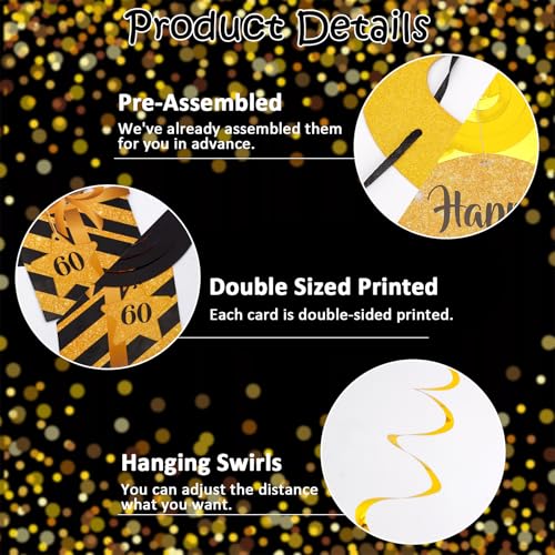 Image of Black & Gold 60th Birthday Decoration Kit - Happy 60th Birthday Decorations for Women & Men with 10PCS Hanging Swirls