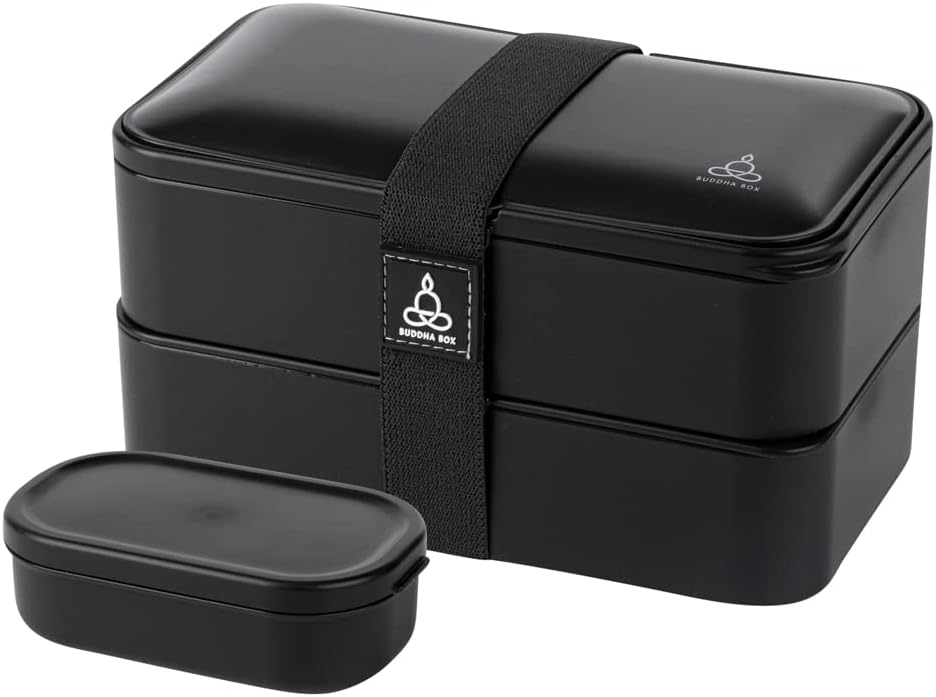 Restaurantware Bento Tek 40.5 Ounces Stackable Lunch Box 1 Reusable Adult Lunch Container - With Utensils Included Sauce Cup Black Plastic Layered Lunch Box Microwavable Dishwashable - Image 2