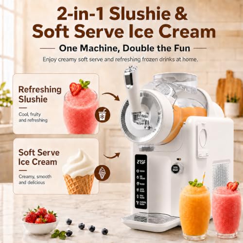Image of SYINTAO Slushie Machine No Ice Needed, 2-in-1 Frozen Drink & Soft Serve Ice Cream Maker, Self-Chilling Slushy Maker with 5 Presets, LED Display & Auto Clean for Home & Party (White)