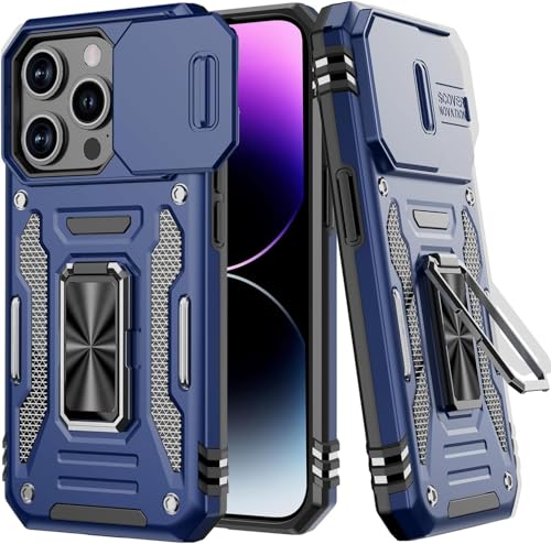 Image of Polycarbonate Back Cover Case Compatible for Apple iPhone 15 Pro with Slide Camera Cover & Rotated Ring Kickstand | Military Grade Mobile Phone Cover Case for Apple iPhone 15 Pro (Blue)