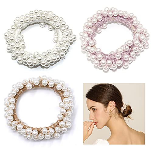 3 Stück Haargummi mit Perlen, Haargummis Scrunchies, Pferdeschwanzhalter Haarschmuck in 3 Farben für damen und Mädchen (Weiß, Pink, Champagner) Cover