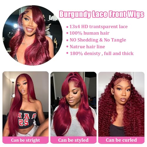 Image of 99j Burgundy Lace Front Wigs Human Hair 28 Inch Red Burgundy Wig Human Hair 13x4 HD Transparent Body Wave Lace Front Wigs Human Hair 180 Density Pre Plucked Glueless Frontal Wig for Women