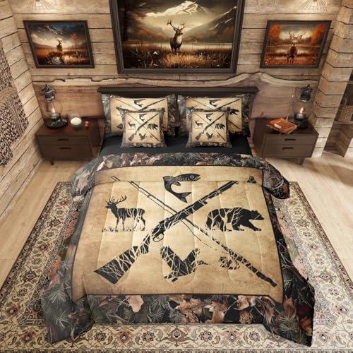 Erosebridal Hunting and Fishing Comforter Set King 7 Piece Tree Camo Bedding Set with Sheets for Kids Adults Woodland Wildlife Bass Fish Duck Bear Deer Bed in A Bag Rustic Farmhouse Cabin Bed Set