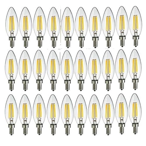 Bombilla vela LED E14 4W C35 con filamento retro y luz cálida de 360 grados, pack de 30 piezas