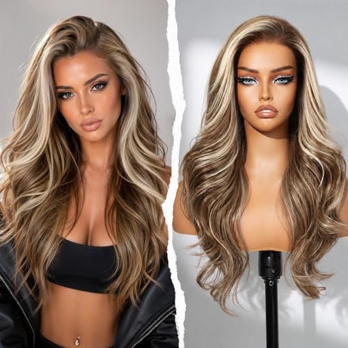 BLONDE UNICORN Balayage Brown Highlight Synthetic Lace Front Wig, 13x4
