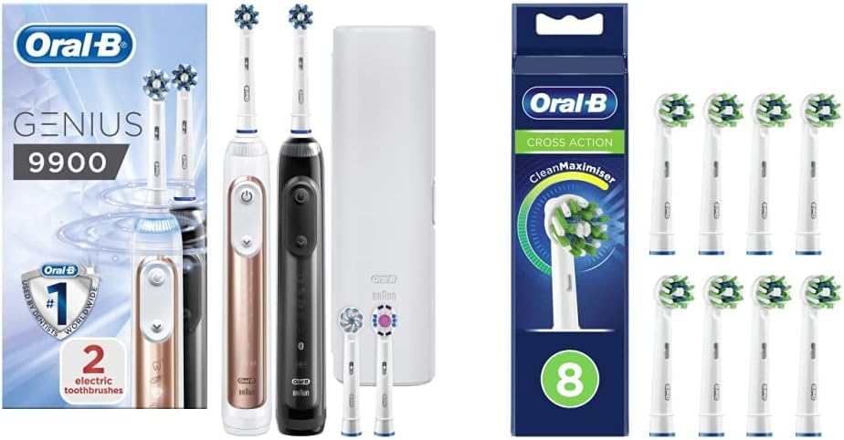 Oral-B Genius 2X Electric Toothbrushes, 4 Toothbrush Heads & Travel Case, 9900, Rose Gold & Black & Cross Action Electric Toothbrush Head, Pack of 8, White