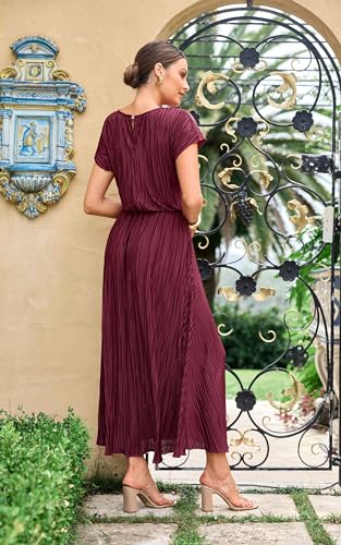 Image of ECOWISH Women Maxi Dresses Cocktail Party Wedding Guest Formal Pleated Long Dress Short Sleeve Slit Empire Waist Evening Gown