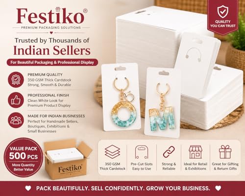 Image of Festiko Keychain Display Cards for Keyring Packaging & Display, 350 GSM Thick Cardstock, 4.7 x 3.1 Inch, Pack of 100, White Keychain Holder Cards - Premium Display for Small Business & Gifting