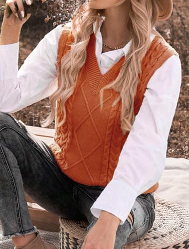 Image of Women's Sweater Vest,Long Cable Loose Knitted Sleeveless V Neck Casual Sweaters Tank Top S~XL