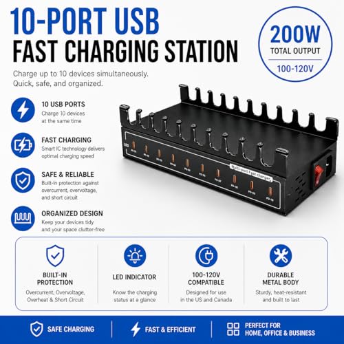 200W USB C Charging Station 10-Port Fast Charger for Multiple Devices, PD/QC Desktop Charging Hub for MacBook iPhone iPad Phones - image 2