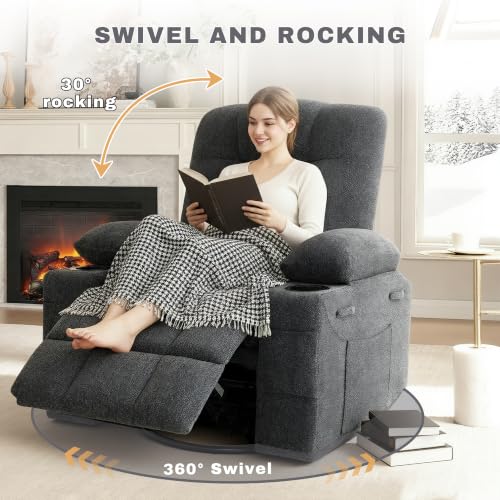 Image of Swivel Rocker Recliner Chair,Recliner Single Sofa with Cup Holders, Manual Nursery Rocking Chair with Side Pockets, Modern Recliner for Living Room,Apartment,Home Theater(Dark Gray)