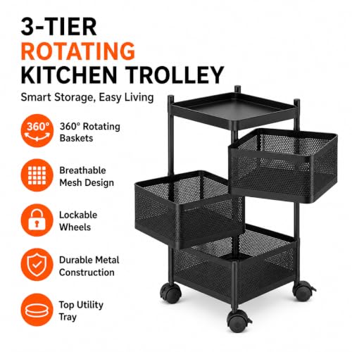Image of Homeor 3 Layer Kitchen Trolley with Wheels | 360 Rotating Metal Storage Rack for Vegetables, Fruits, Onion & Spices | Square Multipurpose Kitchen Organizer Stand | Metal Kitchen Trolley, Matte Black