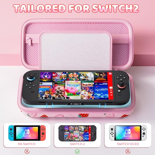 Image of PAWDIARY for Nintendo Switch 2(2025) Pink Carrying Case Protector, Girly Strawberry Switch 2 Travel Bag with 10 Game Card Slots, Adjustable Shoulder Strap, Cute Large Capacity Accessories Storage