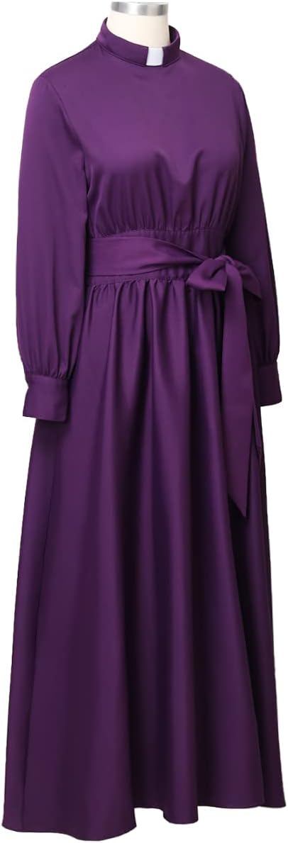 Church Clergy Dress for Women Long Sleeve A Line Elegant Maxi Dress with Tab Insert Stand Collar and Belt - Image 4