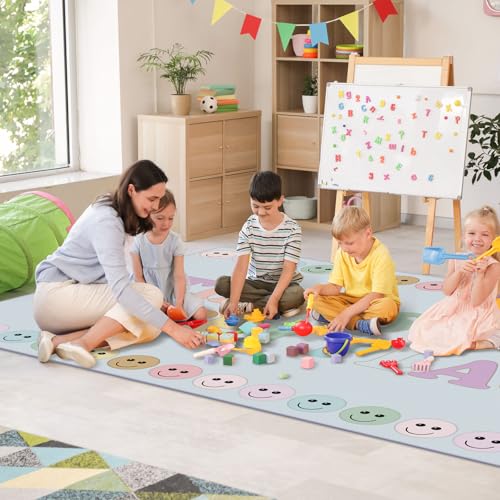 Image of Drydiet 5 x 7.5 ft School Style Pastel Rainbow This is Our Happy Place Educational Area Rug for Student Large Multicolor Classroom Blanket Pastel Play Carpet for Teaching Playroom