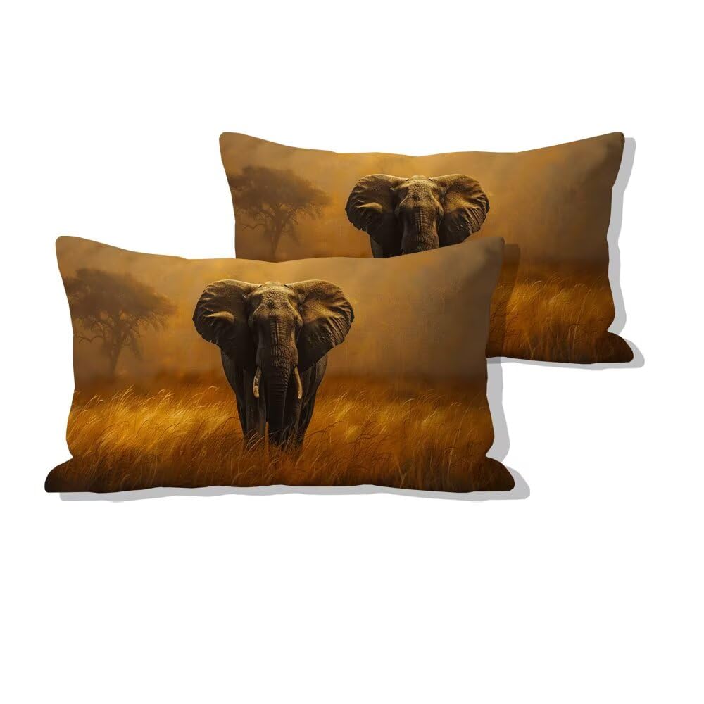 Lot de 2 taie d'oreiller Afrique éléphant housses de coussin 40x80cm lin