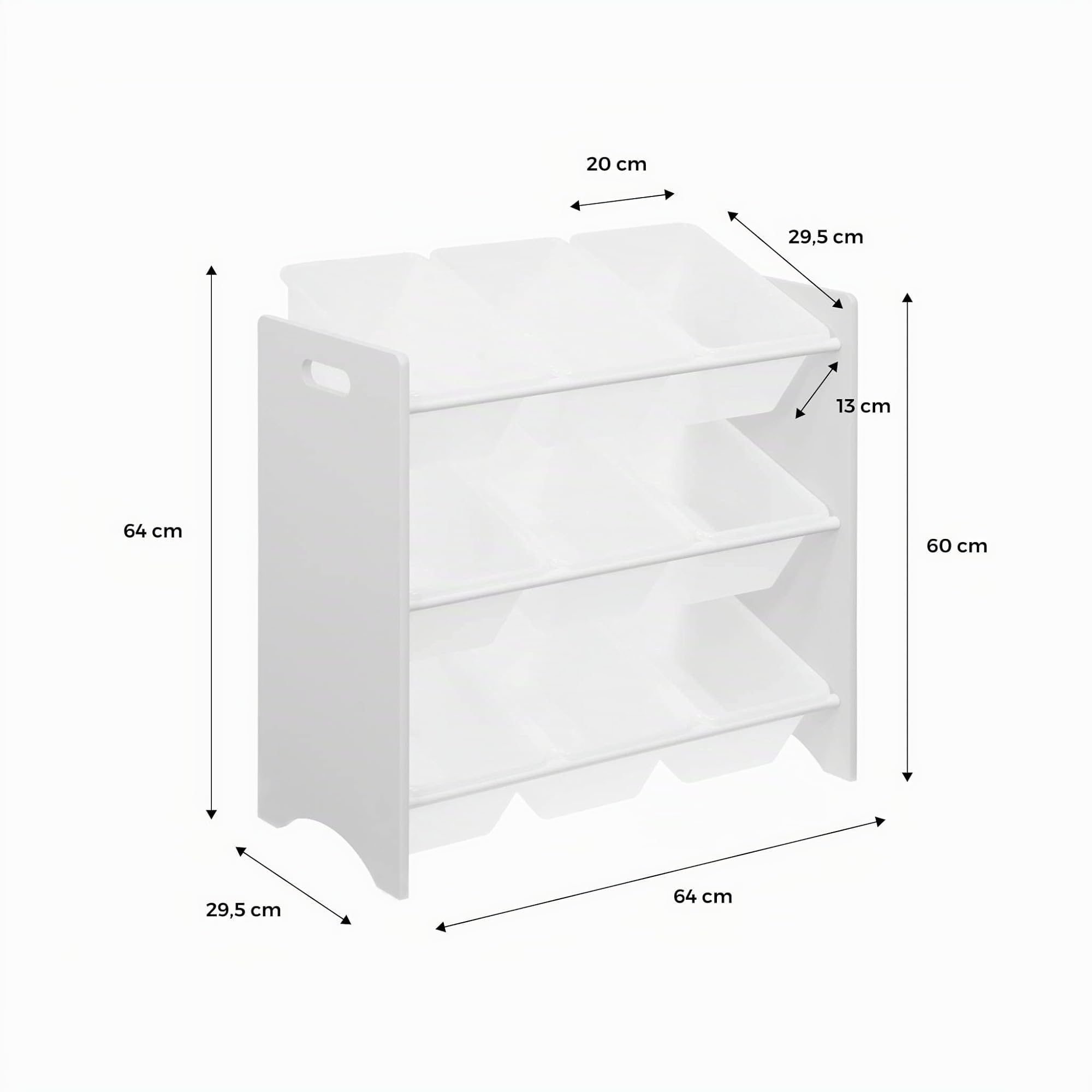 Aufbewahrungsregal mit 9 Boxen für Kinder - TOBIAS - Massivholz natur weiß, 64 x 29,5 x 60 cm