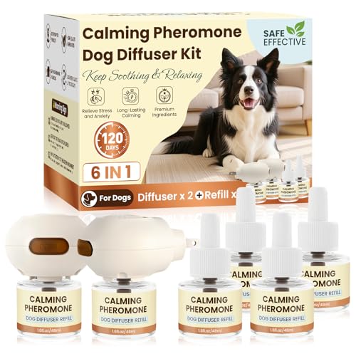 Dog Pheromones Calming Diffuser to Calm Dogs 6 IN 1 Kit (2 Diffusers+4 Refills) Pheromone Plug In for Stress Barking Pee Accidents Chewing Aggression Separation Anxiety Relief 120 Days(Odorless)