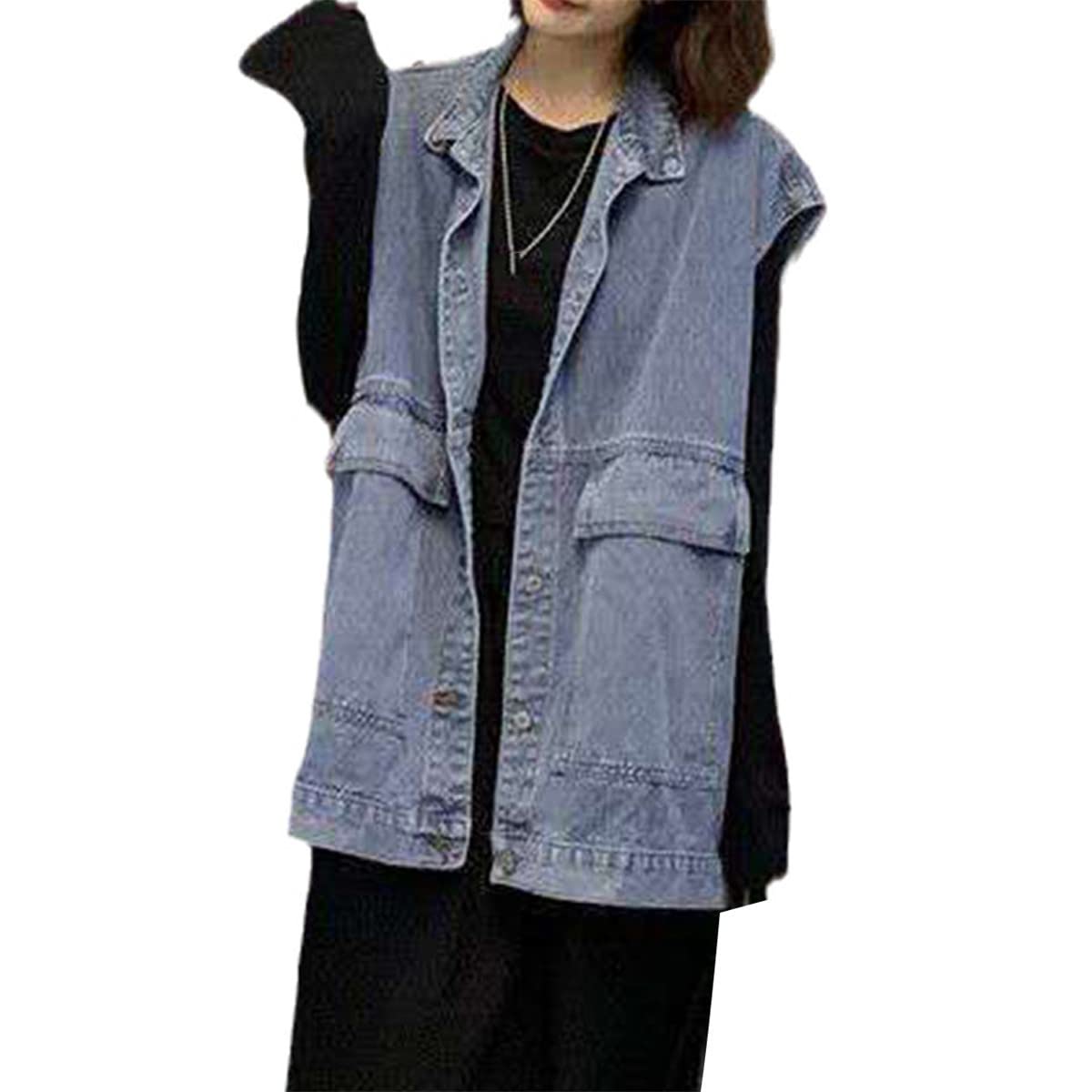 Canotta in denim blu da donna vintage grande tasca nero denim canotta senza maniche cardigan giacca, Blu, XL