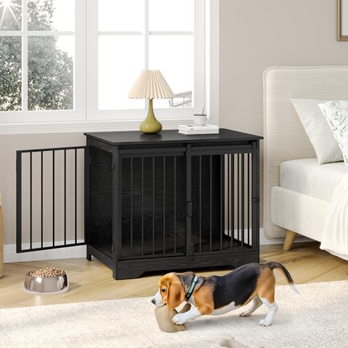 Hzuaneri Hundekäfig Möbel, 81cm hundebox für zuhause, Schiebetüren, 2 Türen, Moderne hundebox Holz Indoor für kleine/mittlere Hunde, Hundekäfig für Zuhause, 81 x 55 x 67,5cm, Schwarz DFC83604B