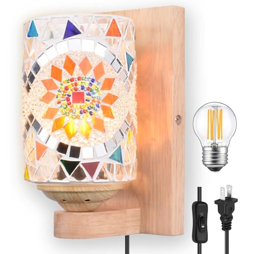 Image of Bedside Colored Mosaic Glass Wall Sconce, Handmade Mediterranean Bohemian Turkish Moroccan Wall Lamp Stained Glass Wall Light Fixtures for Bedroom Living Room Hallway Vanity Corridor Bulb Included