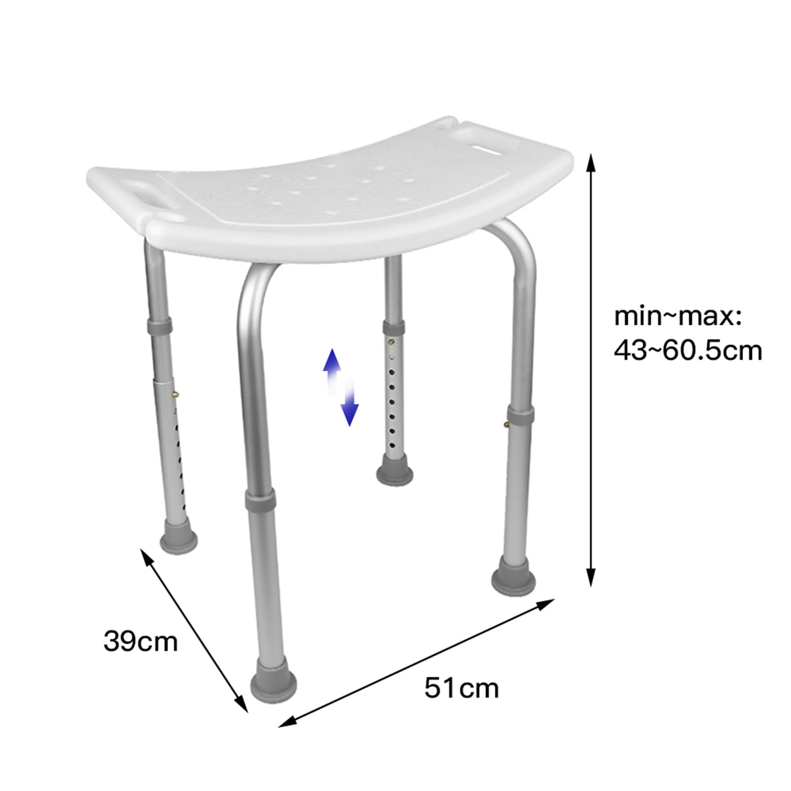 Silla de ducha, asiento de ducha ajustable en altura con orificios de evacuación asiento de baño en forma de U con patas antideslizantes, para el cuarto de baño
