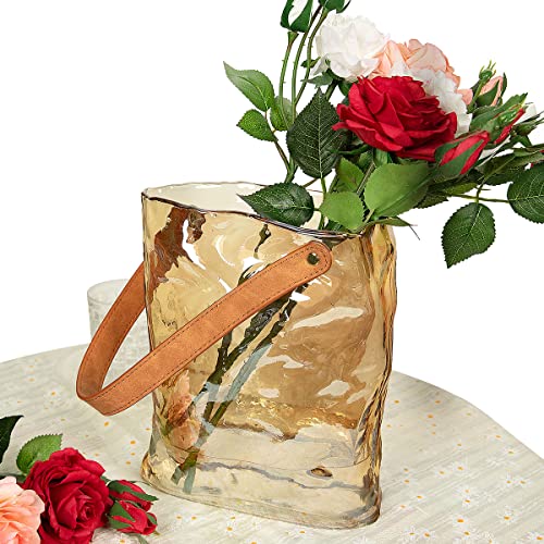 Handbag Shape Glass Vase, Clear Flower Vase With Leather Handle, Glass Purse Vase For Decor, Great For Floral Arrangement, Centerpiece, Home And Office (Large) #TOP2