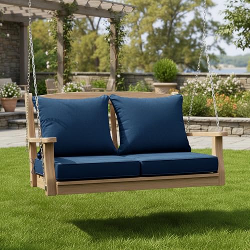Image of Summsun Outdoor Chair Cushions, Faux Linen Backrest and Deep Seat Cushion Set for Patio Furniture with Weather Resistant Removable Cover, Ties, Non-Slip Bottom, 24 x 24 Inch, Navy, Set of 2