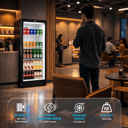 Image of GRS Commercial Display Refrigerator with Glass Door Lock | Cool Air Flow & Temperature | Beverage fridge, Drink and Wine Cooler with Adjustable Display Shelf for Stores and Bars | Black, 6.0 Cu. Ft