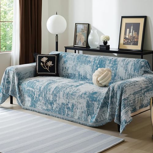 MEETSKY Boho Couch Cover for 2 Cushion Couch Sofa, Chenille Sofa Cover for Sectional Sofa, Modern Khaki Abstract Jacquard Sofa Covers Washable Sofa Slipcover for Pets Friendly, 91" X118",Blue